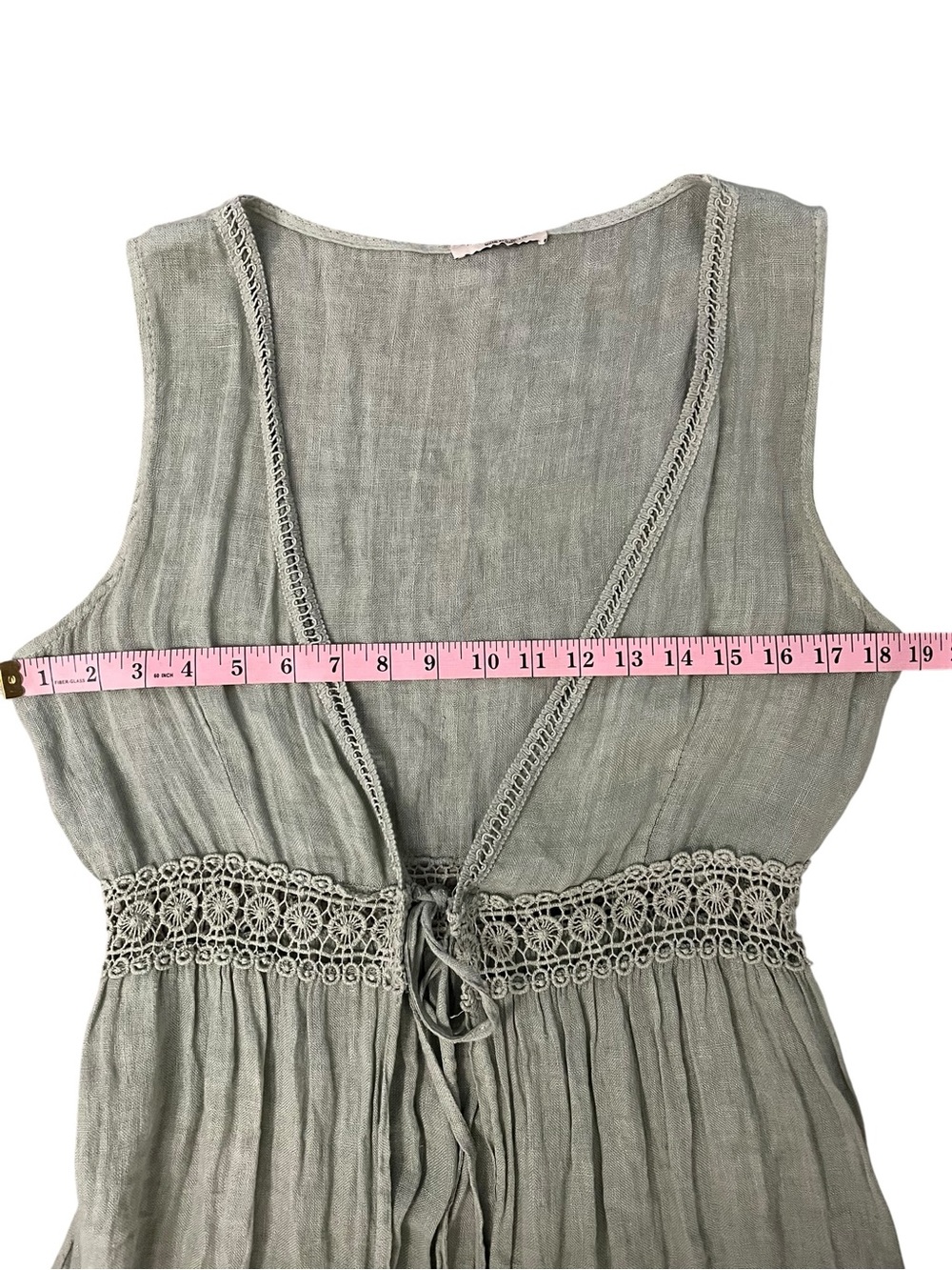 Francesca Bettina 100% linen sage long sleeveless duster with lace detail & tie - Picture 3 of 8